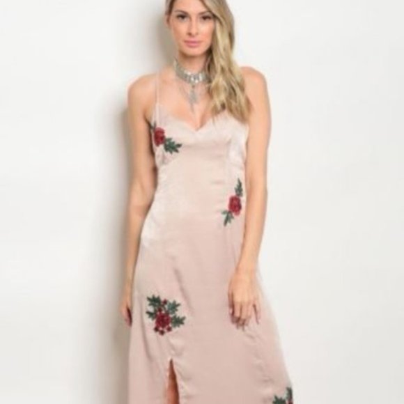 Blush Pink Rose Embroidery Maxi Dress - Picture 1 of 7